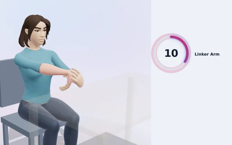 Eine laufende Pause: Die Figur macht eine Dehnung der Handgelenkstrecker, der Countdown fürs Halten läuft