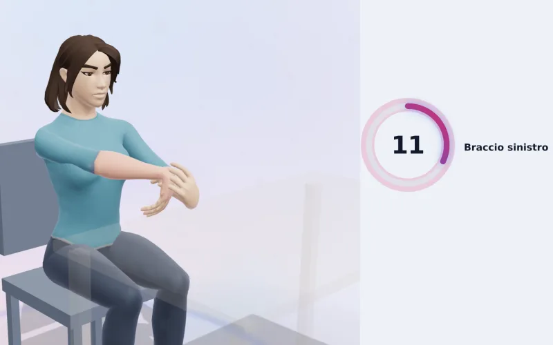 Una pausa in corso: la guida che esegue uno stretching degli estensori del polso, con il conto alla rovescia della tenuta