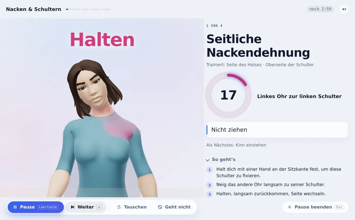 Eine Bewegungspause: Die Figur macht eine seitliche Nackendehnung, darüber steht „Halten“; ein 17-Sekunden-Countdown für die linke Seite; der Hinweis „Nicht ziehen“; nummerierte Schritte und ein Sicherheitshinweis; dazu Pause, Weiter, Tauschen, Geht nicht und Pause beenden