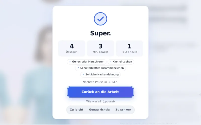Die Abschlusskarte: Super. 4 Übungen, 3 Minuten Bewegung, 1 Pause heute, die erledigten Übungen und eine freiwillige Bewertung