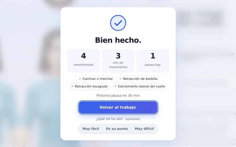 La tarjeta final: Bien hecho. 4 movimientos, 3 minutos de movimiento, 1 pausa hoy, los movimientos hechos y una valoración opcional
