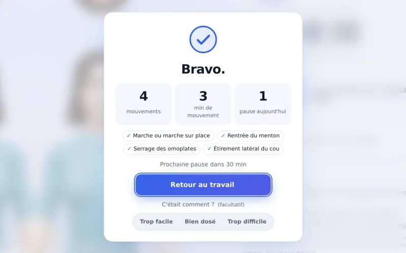 La carte de fin : Bravo. 4 mouvements, 3 minutes de mouvement, 1 pause aujourd'hui, les mouvements faits et une note facultative