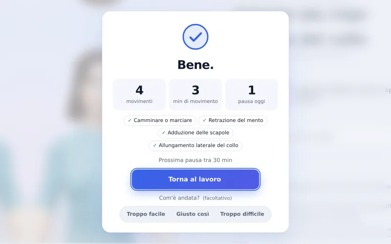 La scheda finale: Bene. 4 movimenti, 3 minuti di movimento, 1 pausa oggi, i movimenti fatti e una valutazione facoltativa